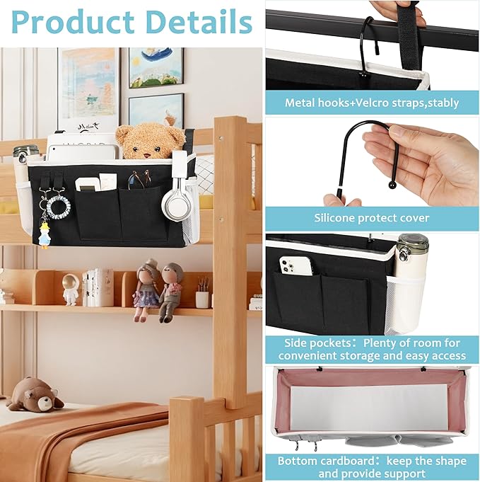 Loghot Bedside Caddy/Bedside Storage Bag Hanging Organizer for Bunk and Hospital Beds,Dorm Rooms Bed Rails,Can be Placed Glasses,Books,Mobile Phones,Keys (Black)