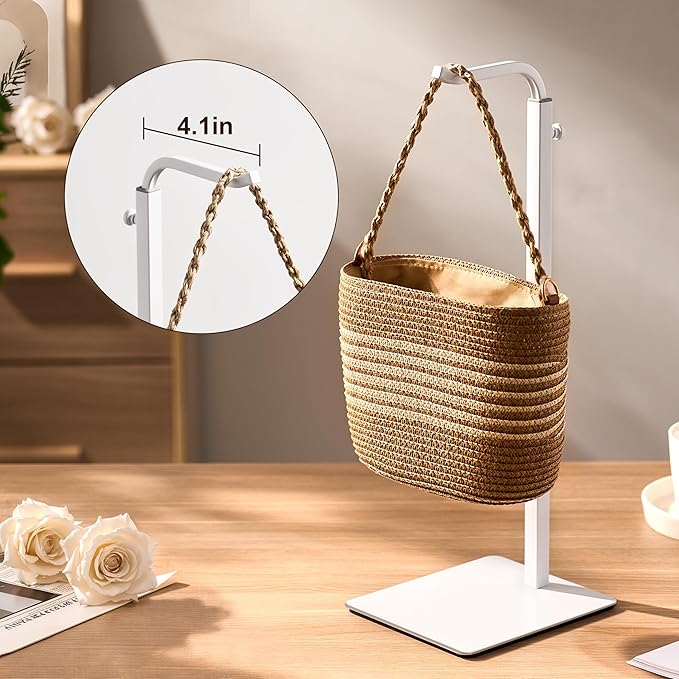 2 Pcs Purse Holder Handbag Display Stand: Hanger Rack Showing Bags, Purses, and Wreath, Adjustable Hook Stand for Tabletop, Closet, Desk, and Retail Use for Vendors, White