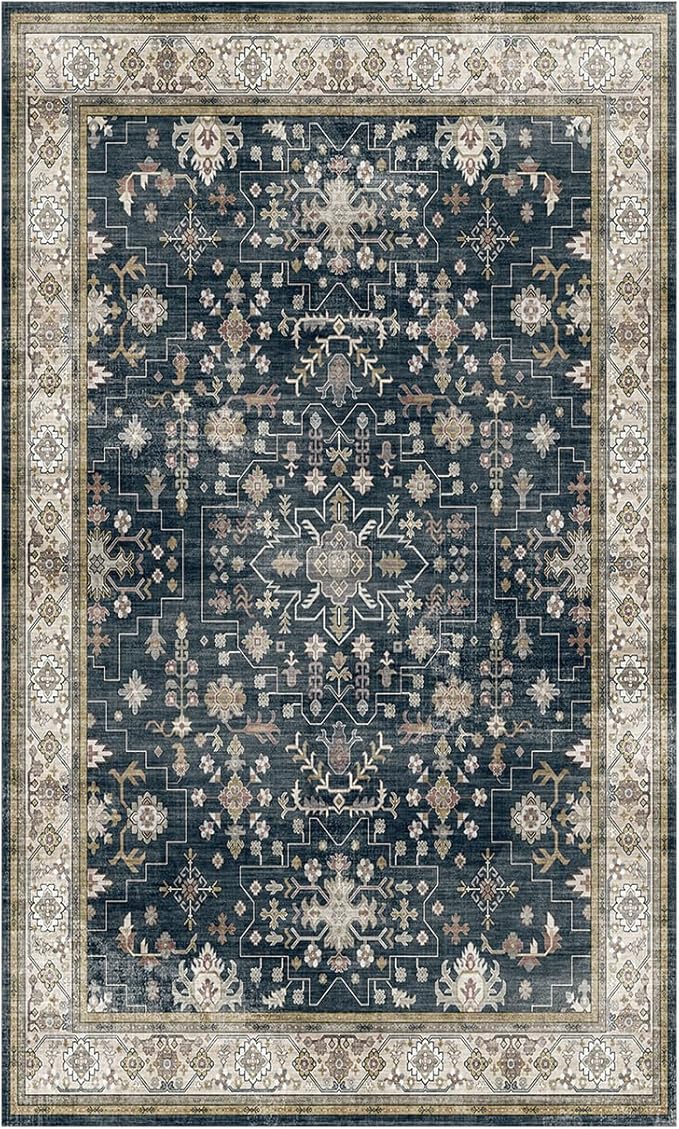 Lessymo Large Entryway Rug 3x5, Black Brown Washable Boho Area Rugs for Large Kitchen, Bedroom Bedside, Living Room, Non Slip Low Pile Carpet Oushak Vintage Floral Moody Decor