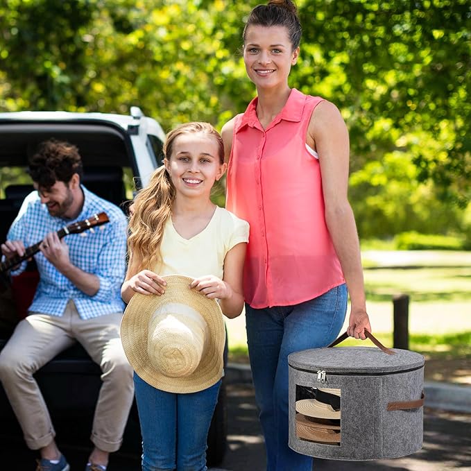 Lifewit Round Cowboy Hat Box for 7 Caps, Large Felt Hat Organizer Bag for Men&Women Storage, Baseball Cap Container with Lid for Travel, Foldable 16.5" Dx10.6 H Carrier, 37L Each, Gray 2 Pack