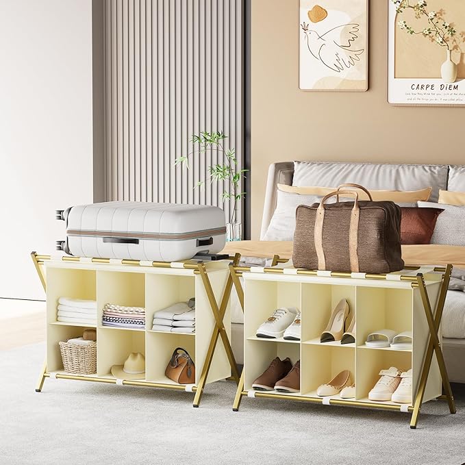 Luggage Rack for Guest Room, Folding Suitcase Stand with 6-Cube Fabric Storage Shelf, Luggage Holder, Steel Foldable Luggage Stand for Guest Room, Bedroom, Hotel, Gold