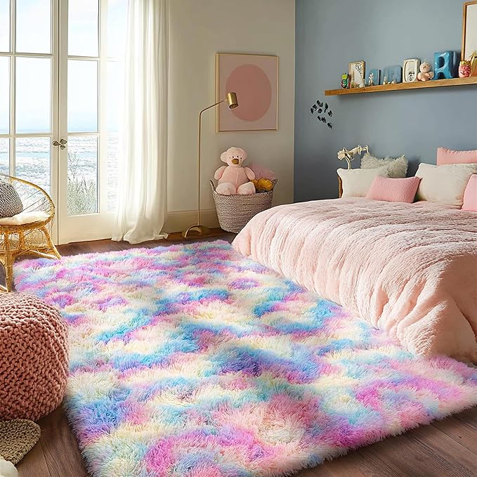 Rainbow Rug for Living Room, 6x9 Area Rug for Cute Girls Room, Bedside Indoor Floor Fluffy Shag Carpet, Plush Soft Rug for Bedroom Nursery Dorm Home Decor
