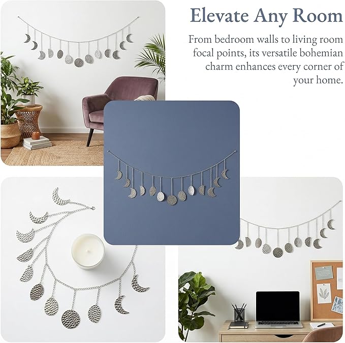 Moon Phase Garland Sliver Hammered Metal - Celestial Boho Wall Hanging Decor Moon Phases Ornament for Bedroom Aesthetic Above Bed Living Room Home Decor