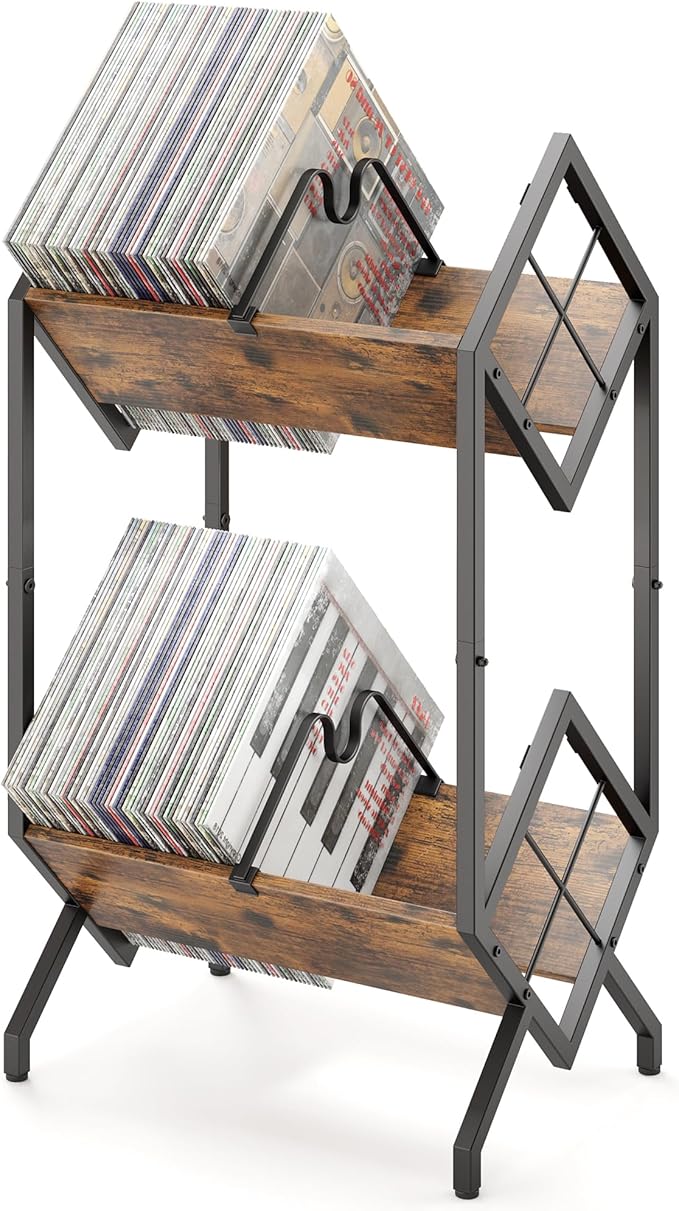 RUILALIFE 2-Tier-Vinyl-Record-Storage-Holder With Dividers, Metal Album storage for vinyl records display Shelf, Vintage 160-200 LP Storage Shelf Stand