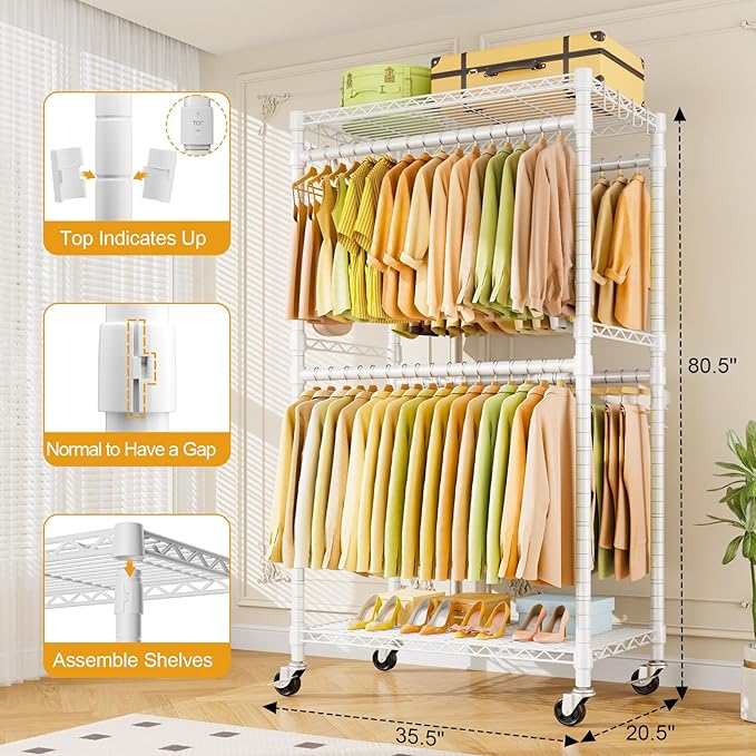 P4 Rolling Clothes Rack Heavy Duty, Clothing Racks for Hanging Clothes, Freestanding Garment Racks with Wheels, Metal Portable Closet Rack 35.5''W × 20.5''D × 80.5''H, Max Load 560Lbs, White