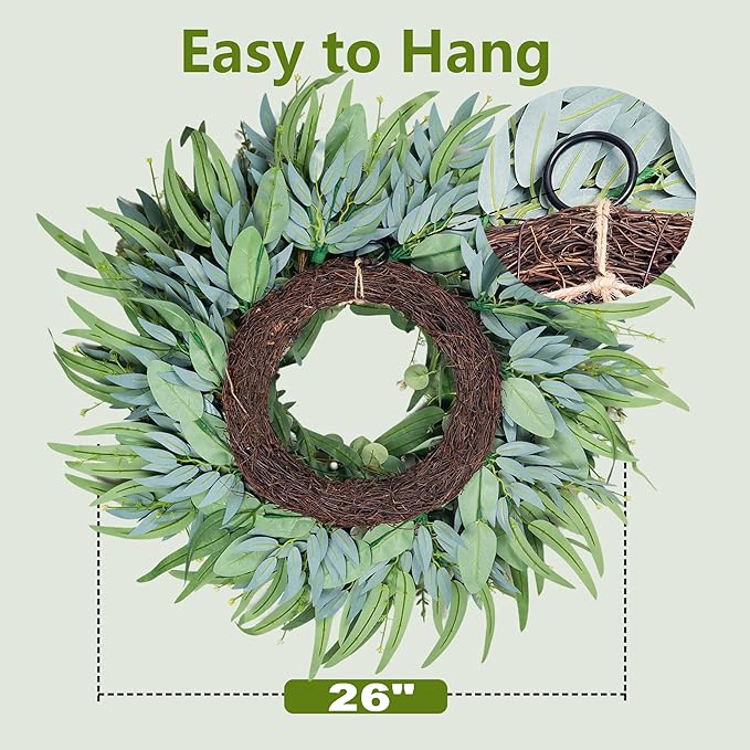 26-Inch Large Farmhouse Wreath for Front Door, All Season Eucalyptus Wreath for Indoor Outdoor Porch Wall Window, Artificial Greenery Everyday Home Decor fro Spring Summer Fall Winter