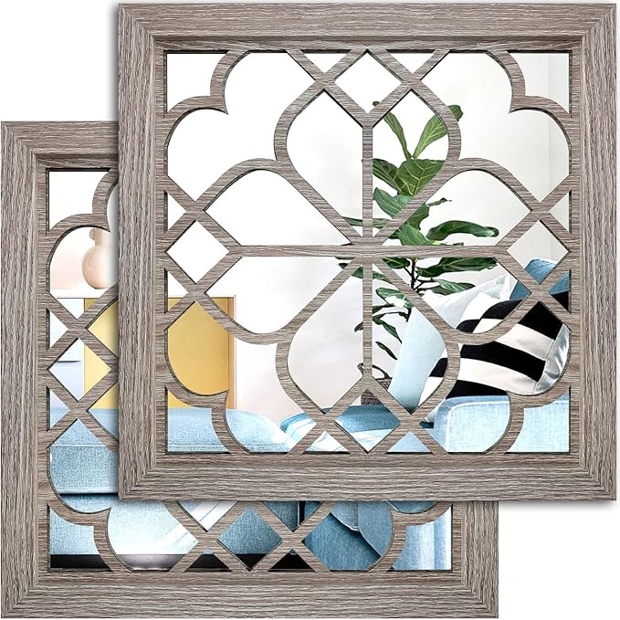 Wocred Set of 2 Farmhouse Square True Mirrors,Vintage Style Barn Wood Wall Decor, Accent Mirrors for Bathroom Renovation,Bedrooms,Living Rooms (12”x12”)