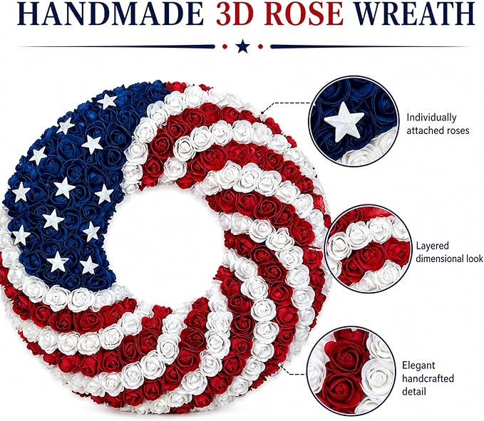 1 Pcs 18 Inch Patriotic Wreath for Front Door 4th of July Wreath Red White Blue Rose Front Door Decor Independence Memorial Artificial Rose Wreaths for 250th Anniversary Porch Wall Indoor Outdoor