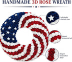 1 Pcs 18 Inch Patriotic Wreath for Front Door 4th of July Wreath Red White Blue Rose Front Door Decor Independence Memorial Artificial Rose Wreaths for 250th Anniversary Porch Wall Indoor Outdoor