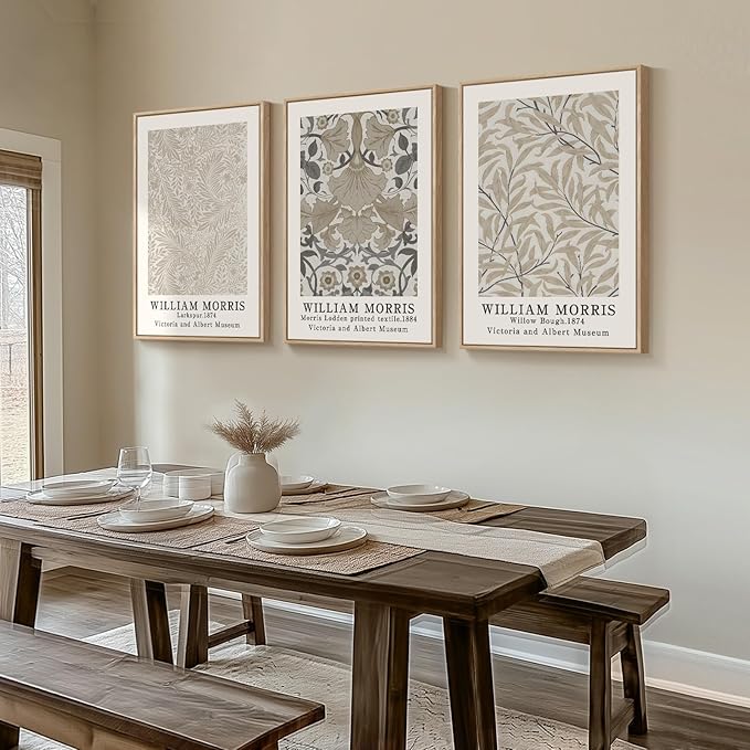 Framed Large William Morris Vintage Wall Art Set of 3, Large Neutral Botanical Floral Canvas Prints, Nature Rustic Boho Artwork for Living Room, Bedroom, Hallway or Office, 24x36 Inch