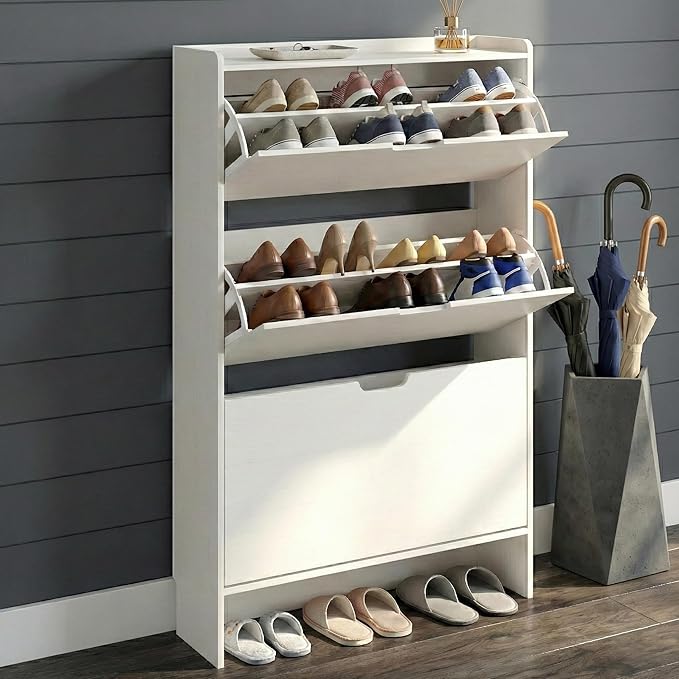Shoe Cabinet for Entryway Slim, 3-Drawer Flip Hidden Shoe Storage for 21 Pairs, Narrow Tall Wooden Rack with Bottom Shelf & Fenced Top, White