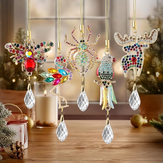 5Pcs Hanging Ornaments for Christmas Tree Mix Color Christmas Decor Metal Animal Pendant Xmas Wedding Party Gifts Crystal Suncatchers Indoor Home Decor