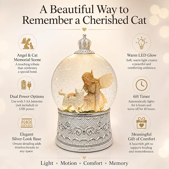 Cat Memorial Gifts for Loss of Cat Sympathy Gift, Snow Globe with Auto Swirling Glitter & 6H Timer, Battery or USB Powered, Cat Remembrance Gifts for Home Decor