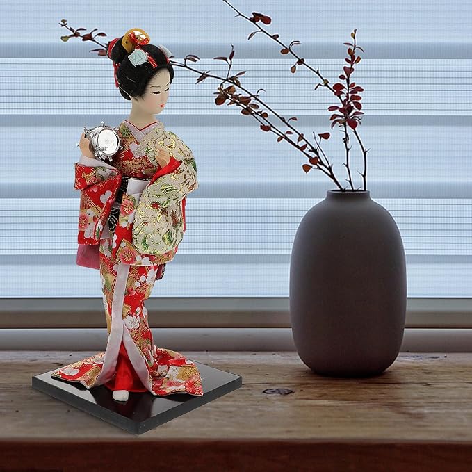 12" Traditional Japanese Geisha Doll Authentic Red Kimono Figurine Hand-Painted Porcelain & Fabric Asian Collectible Statue for Home Office Decor Gift Boxed