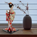 12" Traditional Japanese Geisha Doll Authentic Red Kimono Figurine Hand-Painted Porcelain & Fabric Asian Collectible Statue for Home Office Decor Gift Boxed