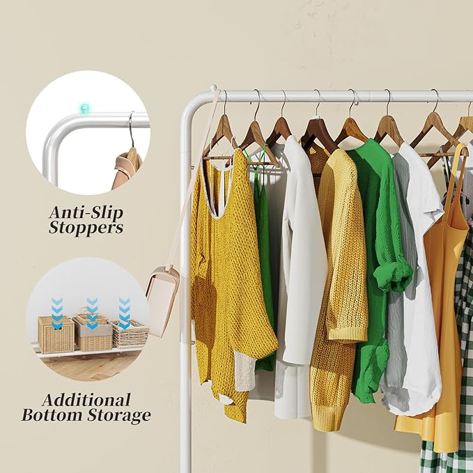 Simple Trending Standard Clothes Clothing Garment Rack with Storage Shelves, Rolling Clothes Organizer on Wheels for Hanging Clothes, White
