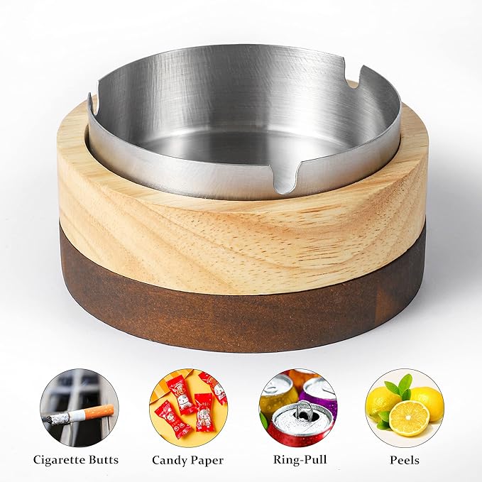 Wooden Ashtray with Stainless Steel Lid - Portable, Windproof, Decorative Ashtray for Home, Patio, Office, Outdoors, Indoor, Parties