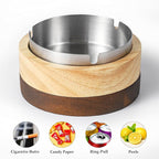 Wooden Ashtray with Stainless Steel Lid - Portable, Windproof, Decorative Ashtray for Home, Patio, Office, Outdoors, Indoor, Parties