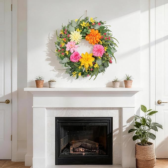 Summer Wreaths for Front Door 24 Inch, Artificial Spring Wreath with Dahlia and Peony for All Season Home Decor Easter Indoor Outdoor Wall Home Festival Celebrations
