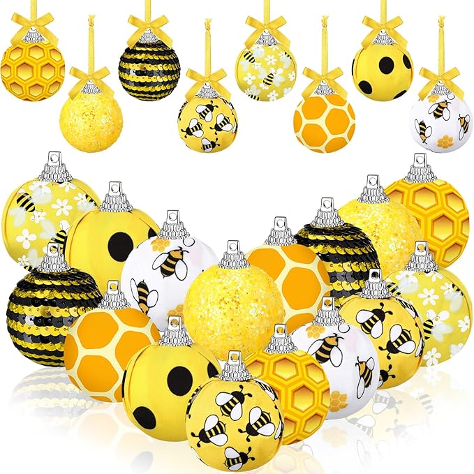 Zeyune 16 Pcs Summer Tree Ornaments Bee Decoration for Small Tree 1.6 Inch Spring Hanging Sequin Balls Ornaments Glitter Hanging Honeycomb Balls Decor for Summer Holiday Party