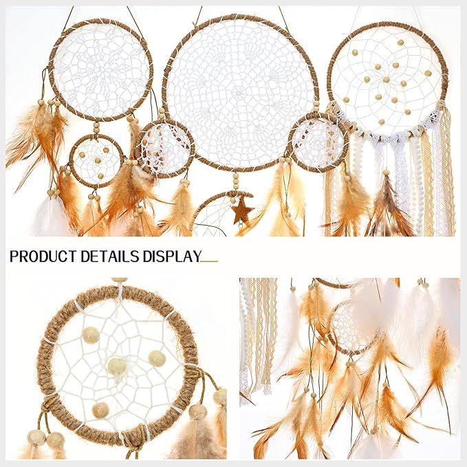 5 Pack Dream Catchers Sun Moon Design Large Handmade Boho Wall Hanging Ornament with Decorative Feathers for Boys Girls Bedroom Living Home Decoration (Brown)