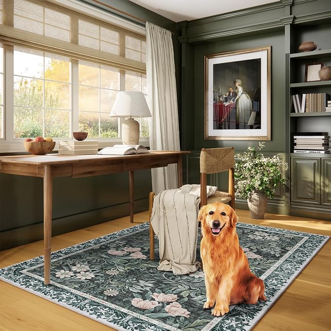 Vintage Floral with Ornate Border Washable 4x6 Area Rug, Soft Low Pile Carpet for Living Room, Dining Room Under Table, Bedroom | Non-Slip, Stain Resistant & Durable