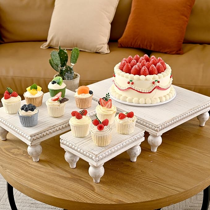 Swallowliving 3 Pcs Set Farmhouse Wood Risers for Display Decorative, Rustic Shabby Chic Tiered Tray for Kitchen Counter, Coffee Bar Table, Dining Room, Wooden Rectangle Beaded Pedestal Stand for Food, White