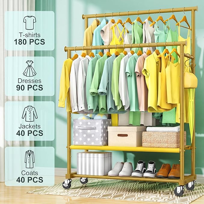 Double Rods Clothes Rack for Hanging Clothes, Heavy Duty Rolling Clothing Rack with Wheels, Freestanding Garment Racks with Oxford Bottom Shelf and Mesh Bottom Shelf for Bedroom Laundry Living Room