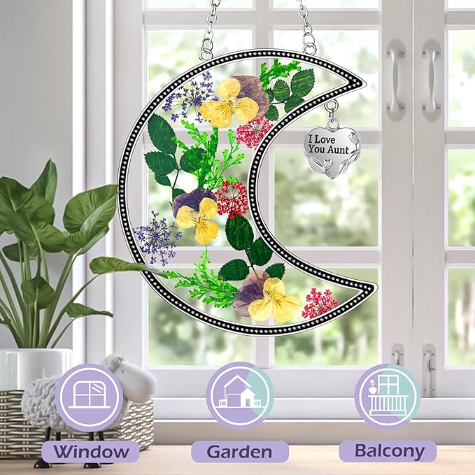 KY&BOSAM Moon Suncatchers Aunt Gifts for Mom Family Friends Stained Glass for Windows Wind Chimes Real Flower Colorful and Metal I Love You Aunt Heart Chain Outdoor for Garden Indoor Home Trees Decor