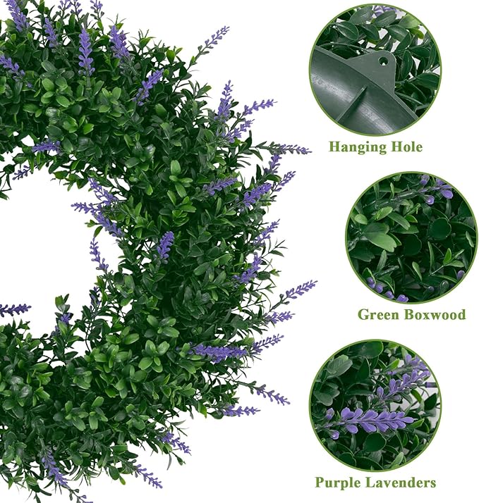 SHACOS Lavender Greenery Wreath 17" Artificial Boxwood Front Door Wreaths for Home Wall Window Farmhouse Decoration 100% Plastic Indoor Outdoor