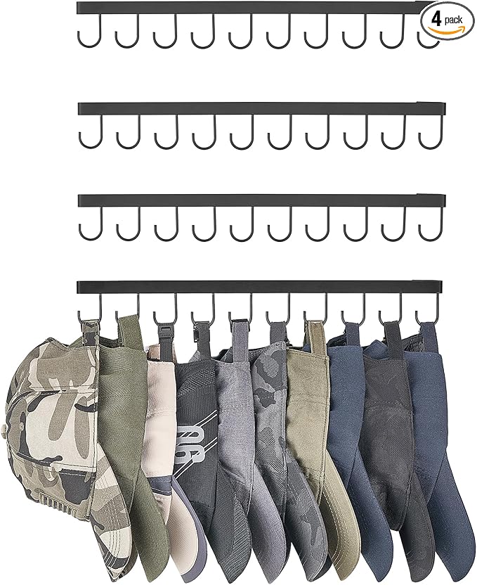 Mkono Hat Rack for Wall Hat Storage Organizer for 40 Baseball Caps, Modern Metal Closet Hat Hooks, Wall Mount Ball Caps Holder Organizer for Bedroom Entryroom Closet Organization, Set of 4, Black