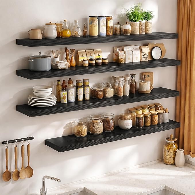 FLYJOE 24 Inch Long Floating Shelves for Wall Set of 1, 12" D Wood Grain Bathroom Shelves with Invisible Brackets, Easy Install Engineered Wood Storage Shelves for Kitchen, Living Room, Bedroom