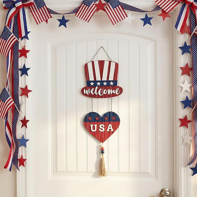 Valery Madelyn 4th of July Wreath, Patriotic Wreath for Front Door, Red White and Blue Top Hat and Heart Wall Signs for Memorial Day Independence Day USA 250th Anniversary, 22 inch