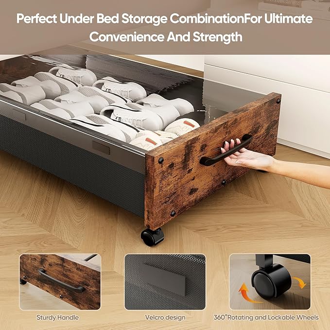Under Bed Storage with Wheels, 2 Packs Wooden Storage Containers Extra Large Underbed Shoes Organizer, Rolling Under Bed Storage Drawers with Clear Lid, Heavy Duty for Clothes Toys 36"L (Black)