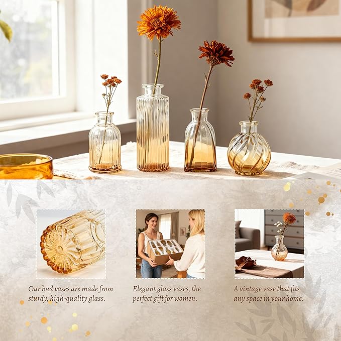 Der Rose Amber Glass Bud Vases Set of 20, Small Bud Vases for Flowers, Rustic Wedding Centerpieces and Home Decor