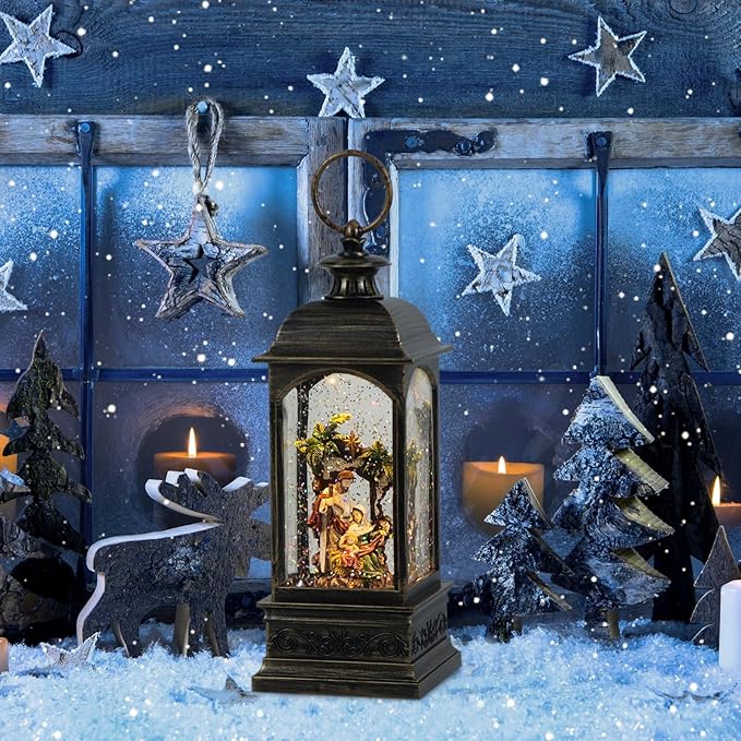 Christmas Snow Globe Swirling Glittering Nativity Scene with Timer & Music, Lighted Water Lantern USB Lined/Battery Operated for Christmas Festival Decoration Gifts - 11.4 inch (Jesus)