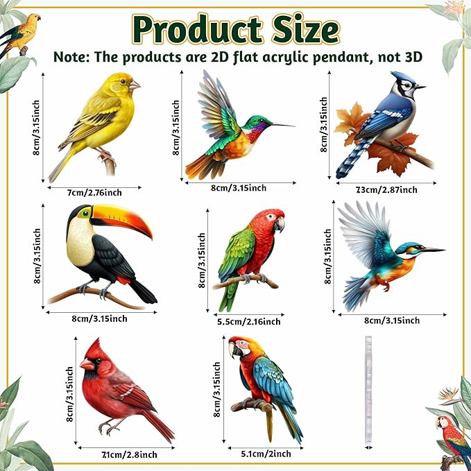 Color Bird Acrylic Hanging Ornament - 8Pcs Spring Colorful Cardinal Christmas Tree Ornaments, Flying Bird Ornament Ceiling Xmas Decoration Tote Car Interior Charms Gift for Men Women