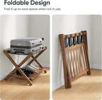 Set of 2 Fully Assembled 26.77" Dark Walnut Luggage Racks with Foldable Shoe Shelf, 5 Heavy-Duty Straps Bamboo Suitcase Stand, Luagge Holders for Guest Room Bedroom, Hotel