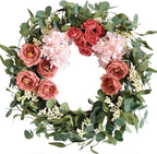 TEMPUS 20 inches Artificial Pink Peony Wreath for Front Door Wreath with Hydrangea Green Leaves Valentines Mother's Day Decor Wall Wedding Party Home Decor (Pink)