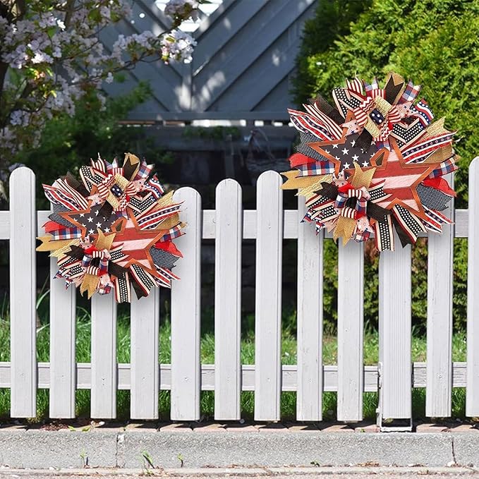 Patriotic Wreaths for Front Door, New 250th Anniversary Decorations, 4th of July Decorations Outdoor, Handcrafted Memorial Day Wreaths, Festival Celebration USA Flag Printed Wreath (D)