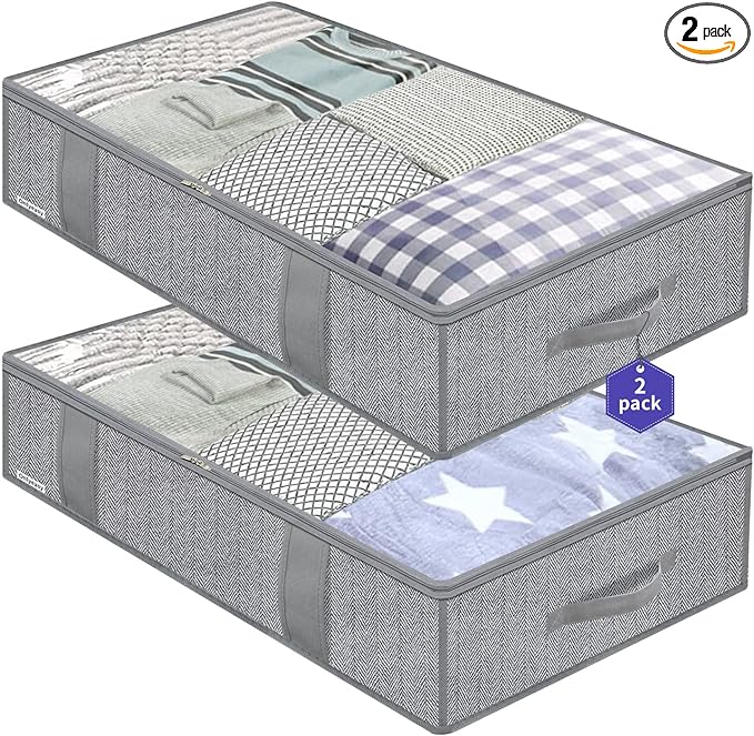 Onlyeasy Large Underbed Storage Bags Organizer Container (2 Pack) with 4 Handles and 2 Sturdy Zippers, Blankets Clothes Comforters Foldable Storage Bags with Clear Window, Herringbone Grey, MXRUBBP2