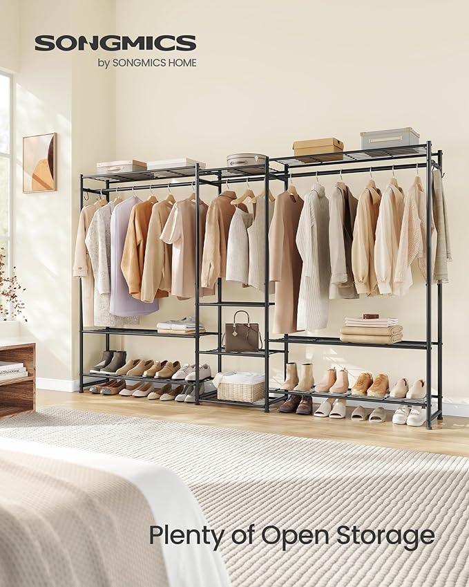 SONGMICS Portable Closet Wardrobe, Heavy-Duty Clothes Rack, Freestanding Clothing Rack with 10 Shelves, 3 Hanging Rods, 4 S‑Hooks, Metal Frame, for Bedroom, Entryway, Living Room, Black ULGR011BZ03S