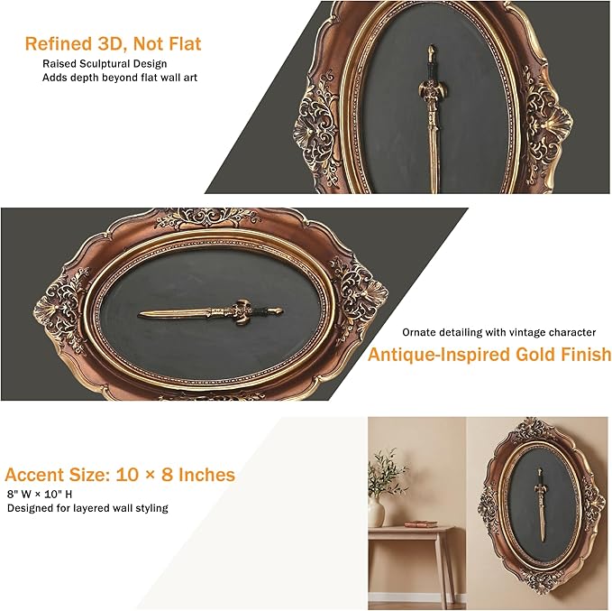 Juedawyal Baroque Sword Wall Sculpture, Gothic Wall Decor, Resin Vintage Wall Accent, Antique Oval Aesthetic Room Decor for Hallway Living Room Entryway Gallery Wall