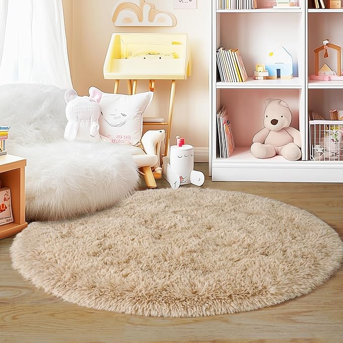 6‘x6’ Beige Round Rug for Bedroom, Ultra Soft Fluffy Circle Rug for Kids Girls Boys Room, Cute Shag Rugs for Living Room Playroom Tent Castle Home Decor Rug