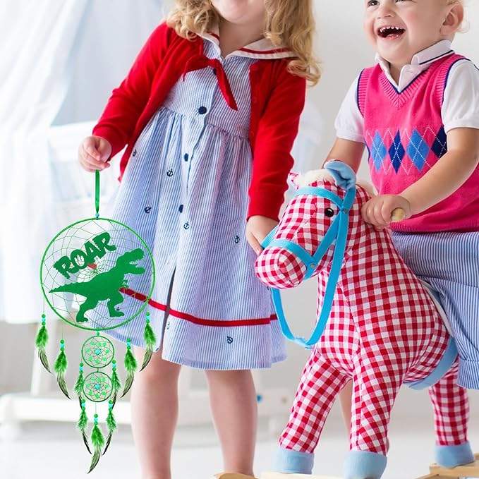 Dinosaur Dream Catcher Kit for Kids Dino Feather Dreamcatcher Dinosaur Wall Hanging Decor with Triple Ring DIY Feather Dream Catcher Gifts for Home Nursery Boys Girls Toddler Baby Room Bedroom Decor