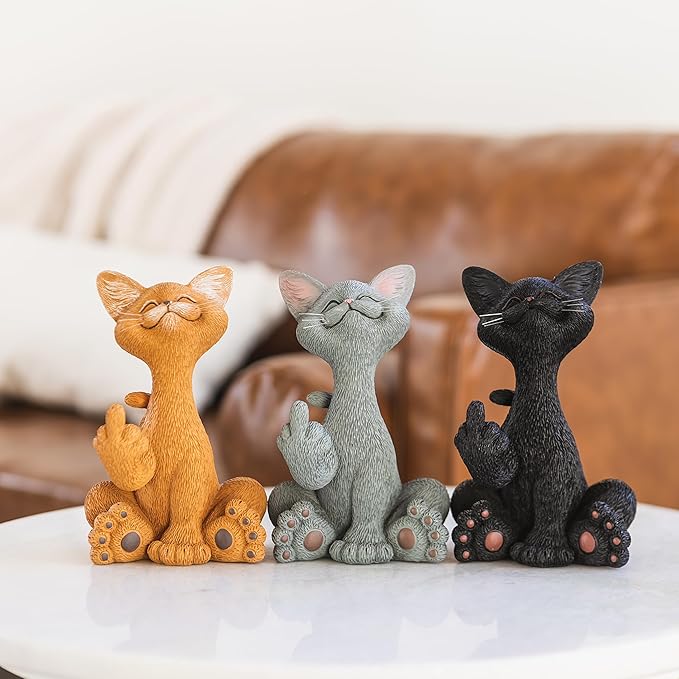 Catitude Whimsical Cat Raising Middle Finger Figurine - Hilarious Get Ready for Laughs - Stress Relief - Gifts for Cat Lovers,