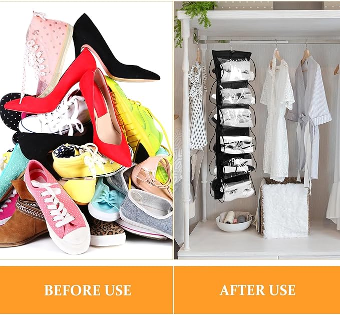 Barydat 3 Pcs Dual Sided Hanging Shoe Organizer 12 Clear Pockets Mesh Hanging Shoe Rack Holder with Rotating Hanger for Closet Storage Men Women Handbags Kids Clothing, Grey, White and Black