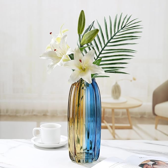 Christmas Flower Glass Vase Blue Gold Two-Toned Floreros Unique Decorative Vase 12.0" Vases Decorations for Centerpieces, Home Decor,Bouquet,Holiday Table
