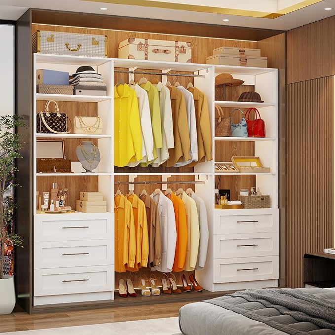 Closet System with 6 Wood Drawers, 6.6-13FT Closet Organizer System with Cuttable Shelves for Walk in Closet with 6 Expandable Hanging Rods, Heavy Duty Built-in Closet for Bedroom, White