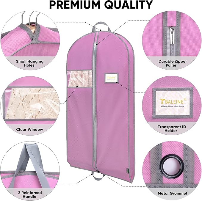 BALEINE 5PK Heavy Duty Garment Bag with Shoe Storage Travel Bag for Dresses, Suit, Coats Travel Essential (54", Pink)